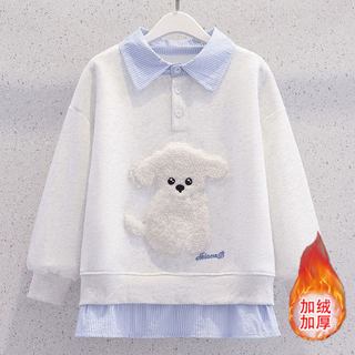 女童假两件加绒卫衣秋冬款中大童洋气女孩POLO衫上衣洋气卡通冬装