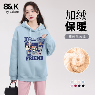 班尼路S&K系列加绒卫衣女装加厚羊羔绒连帽上衣秋冬保暖重磅摇粒绒外套3 雾霾蓝#Z旅游动物 【重磅羊羔绒】 L