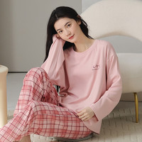 芬腾睡衣女【100%纯棉】2025秋冬格纹可外穿长袖家居服套装女睡衣 粉色 2XL