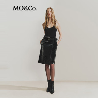 MO&Co.【NOIR系列】半身裙2025冬鎏光素皮斜裹式开叉直筒MBE4SKT025 黑色 L