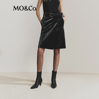 MO&Co.【NOIR系列】半身裙2025冬鎏光素皮斜裹式开叉直筒MBE4SKT025 黑色 L