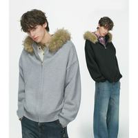 美式复古可拆卸毛领连帽开衫毛衣秋冬小众百搭男女针织衫