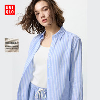 移动专享：优衣库 女装法国麻条纹衬衫长袖衬衣上衣空调衫薄外套475648