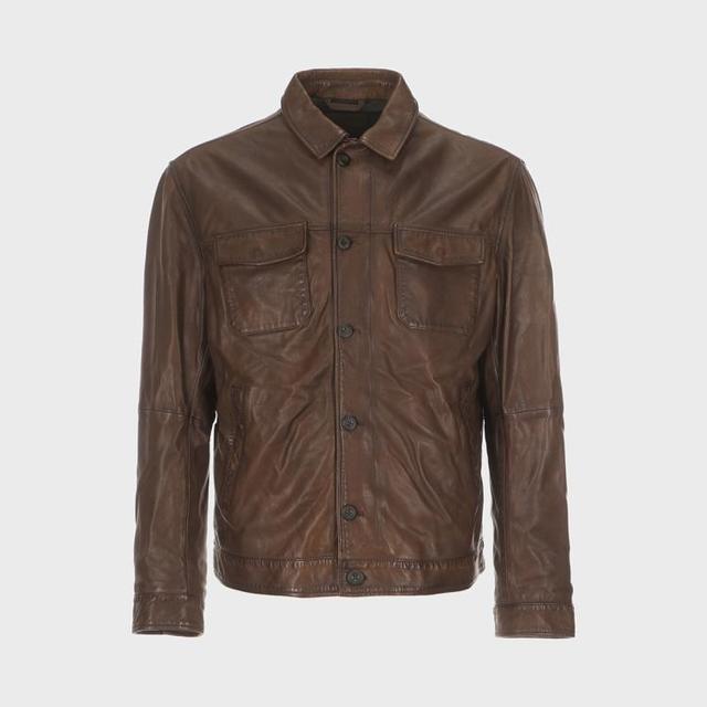 限尺码：Massimo Dutti 男式复古光泽感柔软皮质翻领夹棉保暖夹克