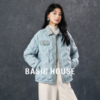 百家好 牛仔拼接翻领羽绒服小个子白鸭绒冬季短款外套 蓝色 L