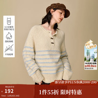 茵曼 2025冬季女装羊驼毛绒感复古条纹半开襟毛衣长袖上衣 杏蓝条 M