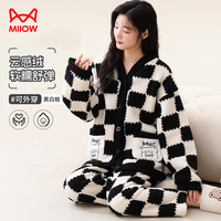 猫人女士睡衣女冬长毛绒加绒卡通熊熊印花开衫家居服黑白格XL XL (170)