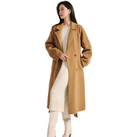 茵曼100%绵羊毛双面呢外套2024冬季女装双排扣翻驳领长款大衣 咖啡色 M