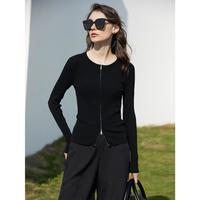 AMII 秋季纯色修身长袖针织衫开衫女外塔衫细坑条弹力通勤百搭上衣