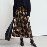 AMII 复古美拉德山茶花印花丝绒压褶半身裙百褶裙