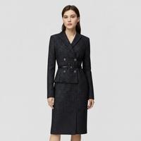 宝姿 女装秋季优雅气质叠片拼接质感羊毛长袖连衣裙