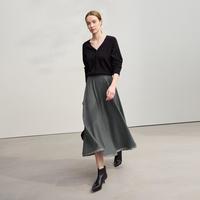 AMII 2025冬季优雅通勤风拼缎面a字半身裙女高级感宽松长款裙子
