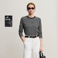 AMII 2025圆领细条纹小熊长袖T恤女秋季棉质弹力通勤百搭打底上衣