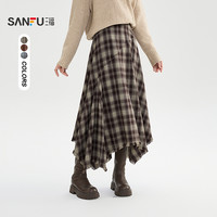 SANFU 长裙2025冬季流苏摆侧边拉链格子不规则半身裙女装509092
