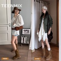 天美意吴宣仪同款秋冬通勤穿搭玩具总动员联名黄金V西部靴加绒复古女靴 皮面-黑色(绒里) 38