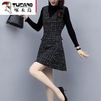 啄木鸟 毛呢背心连衣裙女秋冬2024新款小个子背带马甲裙子两件 黑色套装