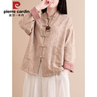 皮尔卡丹中式棉麻盘扣上衣女中国风复古文艺对襟盘扣立领长袖棉麻衬衫外套