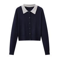 撞色弹力长袖针织开衫女2024年早秋拼色翻领打底毛衣