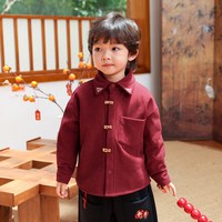 兰威丽洋 儿童衬衫加绒男童红色衬衣2025冬季新款男孩灯芯绒上衣一体绒a类
