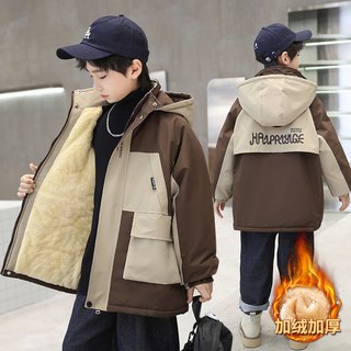 男童外套秋冬装2025洋气中大童加绒加厚时髦帅酷连帽派克服潮 绿色