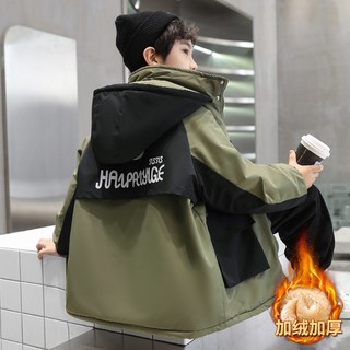 男童外套秋冬装2025洋气中大童加绒加厚时髦帅酷连帽派克服潮 绿色