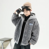 男童加绒外套冬装2025中大男孩加厚毛毛衣儿童保暖羊羔绒棉袄 浅灰色加绒款