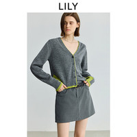 LILY商场同款2025秋新款女装羊毛羊驼毛混纺撞色通勤针织开衫 509深灰
