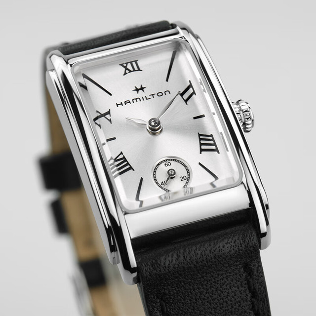 汉米尔顿 女士石英表 经典小方表 银盘黑色皮带