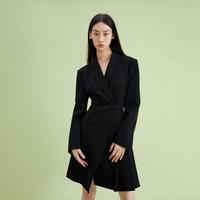 初秋气质通勤纯色显瘦高腰西装连衣裙