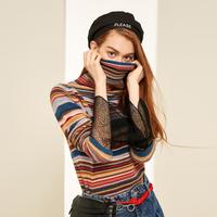 米皇 女士羊绒衫 高领彩条纹打底衫