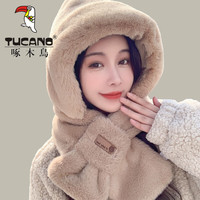 啄木鸟 围巾帽子一体秋冬季保暖毛绒围脖加厚防寒风骑车护耳帽2025新款女 卡其色 均码(双层加厚)