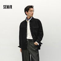 森马 长袖衬衫男格纹绒感牛仔外套不规则下摆冬季宽松翻领上衣时尚