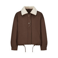 玖姿 ·安娜蔻摩登巴恩风颗粒绒翻领廓形短款鸭绒羽绒女2025冬季 棕色 S