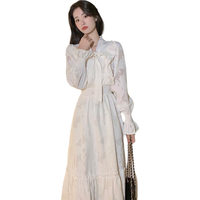 品彩 假日度假长袖连衣裙女荷叶边v领蝴蝶结法式松紧腰裙子 PW28L28 XL