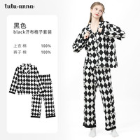 tutuanna5折春秋男女款亲子款长袖家居服套装居家服长袖睡衣 27174449(千格鸟黑色套装) 均码 女款-160/84A