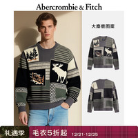 Abercrombie & Fitch 大麋鹿图案男装宽松圆领套头毛衣针织衫120-5181 黑灰 L (180/108A)