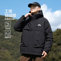 布衣传说防钻绒立领连帽山系蓬松保暖大口袋插肩袖登山工装休闲男式羽绒服 军绿