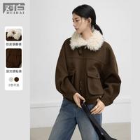 DUIBAI 女式毛呢短外套 仿皮草毛领机车风夹克