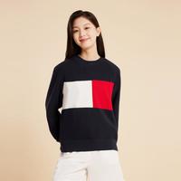 TOMMY HILFIGER 女装纯棉通勤拼色合身圆领打底衫针织衫毛衣