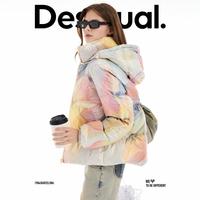 Desigual 西班牙时尚奢品 女士连帽棉服 镭射花卉印花外套