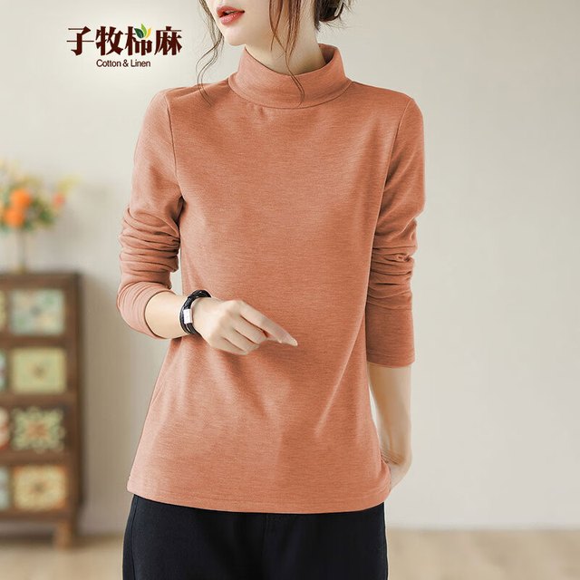 子牧棉麻 秋冬装 女韩版双面磨毛德绒长袖打底衫加厚上衣8680 8681阳光橙羊毛桑蚕丝德绒