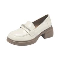 15MINS厚底乐福鞋2025秋季新款气质女鞋配裙子学院风小皮鞋一脚蹬单鞋女 米色 40