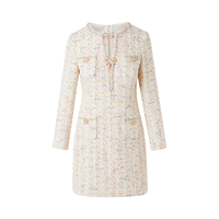 LIME FLARE朗姿莱茵福莱尔蝴蝶钻饰织花呢法式气质千金长袖连衣裙26春 白色 L