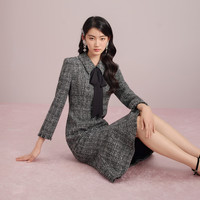 LIME朗姿/LIME莱茵千金风翻领撞色蝴蝶结飘带连衣裙鱼尾收腰修身 黑色 M