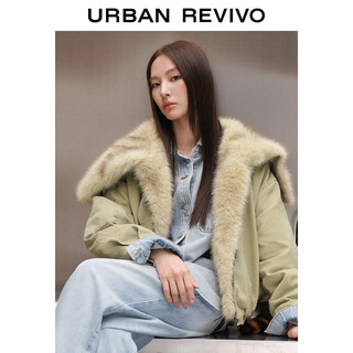 UR2025冬季女装流光风拼接毛领超宽松棉服外套UWJ150072 卡其绿 (偏宽松) L
