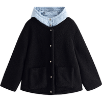 初语棉衣女2025冬季毛绒外套假两件连帽撞色拼接保暖黑色棉服 黑色 M