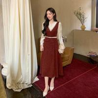 格特瑞尔 2025秋冬季时尚高级感丝绒拼接假两件遮肉连衣裙女