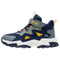 特步男童鞋加绒鞋冬季二棉鞋皮面鞋儿童中大童高帮保暖休闲运动鞋 深邃蓝/阴影灰-二棉版 39码