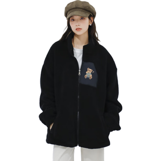 JEANSWEST CLUB真维斯摇粒绒外套女棉袄秋冬季防风保暖2024开衫加厚抓绒上衣 黑色-小熊玩具_K M