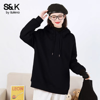 班尼路 S&K系列加绒卫衣女装加厚羊羔绒连帽上衣秋冬保暖重磅摇粒绒外套5 黑#纯色  S